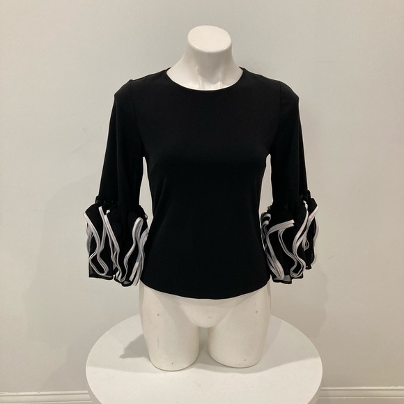 Gracia Tops - NWOT GRACIA black blouse white tired ruffle 3/4 sleeves S